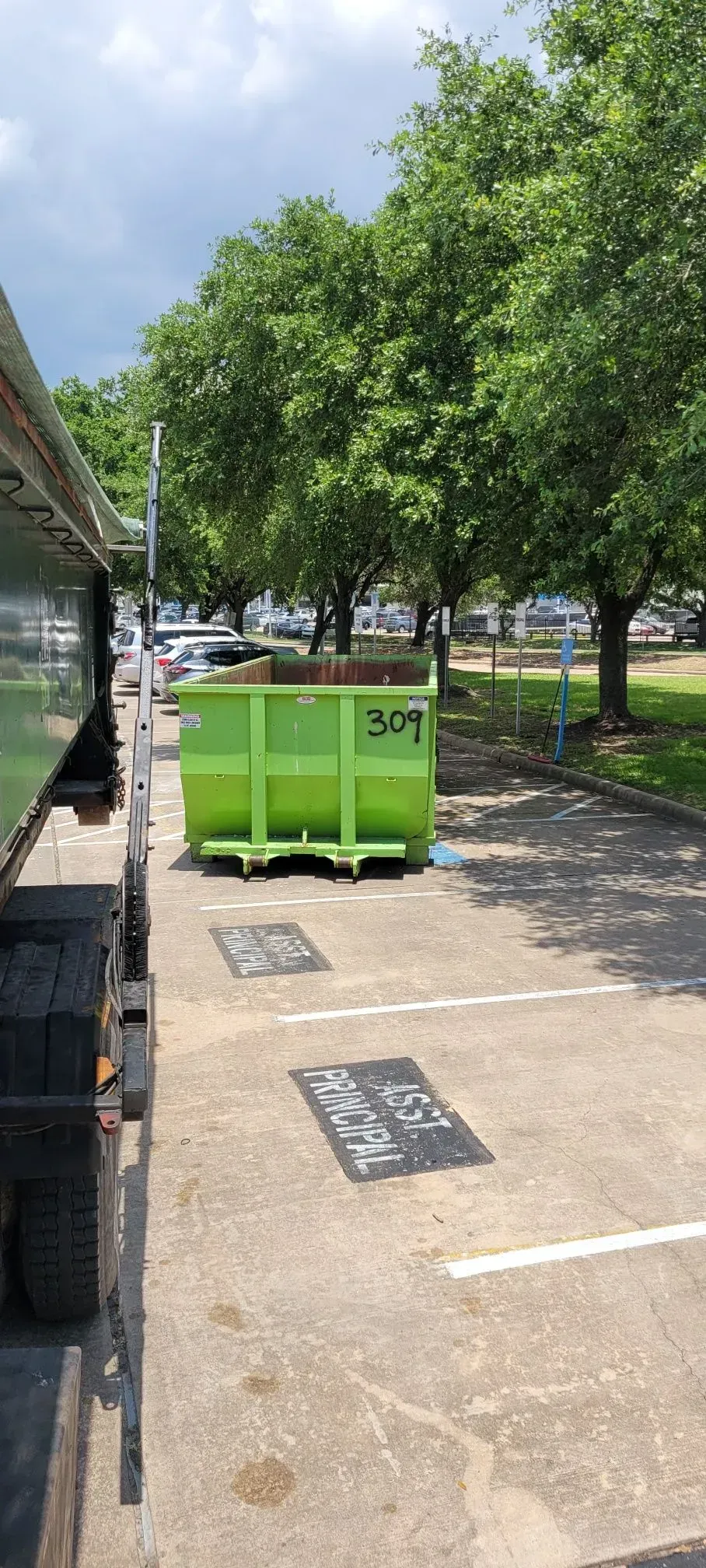 Green dumpster in a parking lot, near trees and a vehicle.