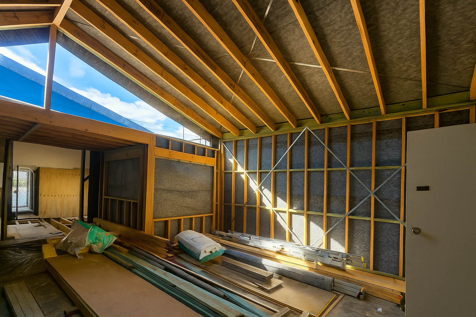 Empty room with light wood floor, drywall walls, and large windows. The room is in the process of being finished.