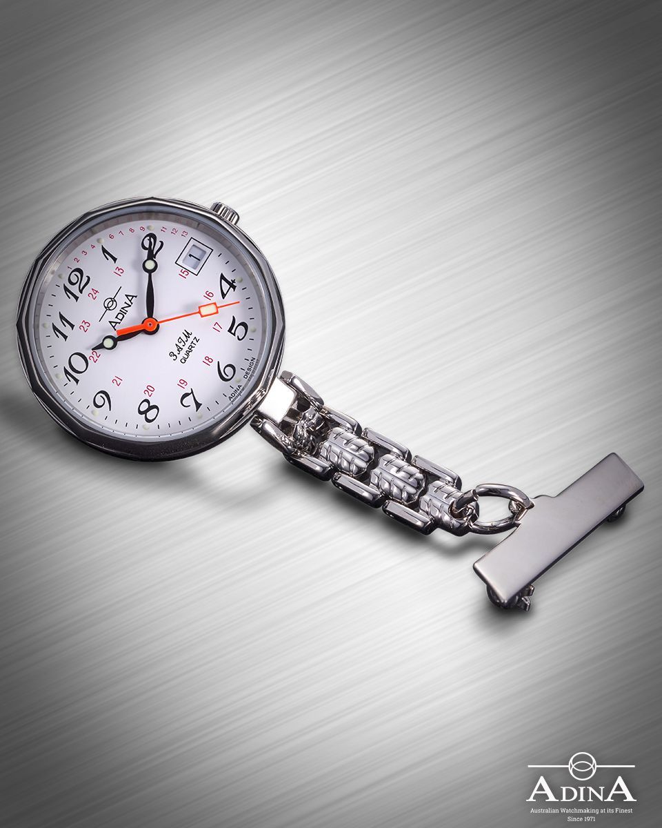 A silver-toned Adina nurses' watch with a white face, black Arabic numerals, and a polished pin-brooch attachment. — Coastal Clocks & Watches in Buddina, QLD