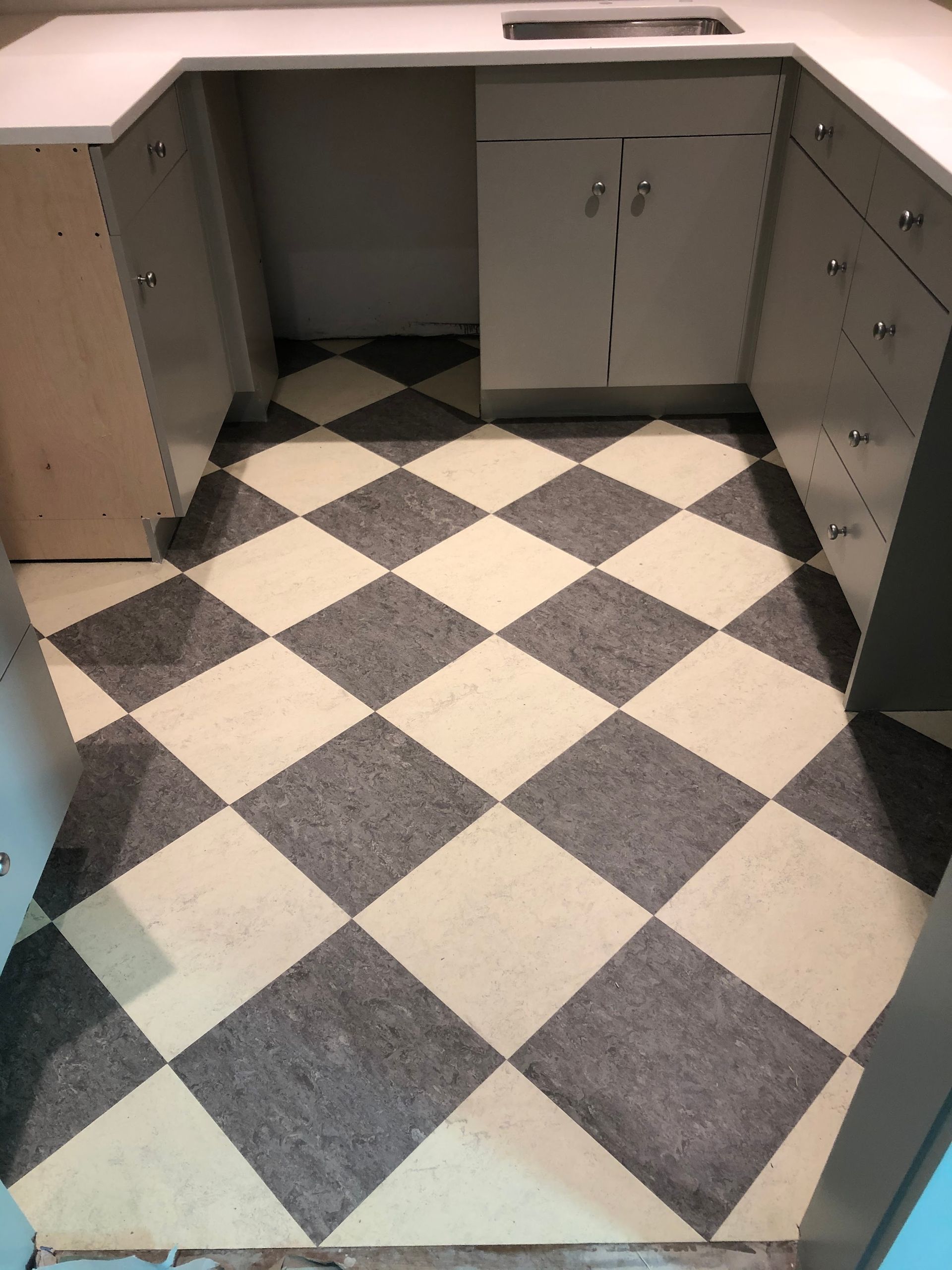 A kitchen with a black and white checkered floor