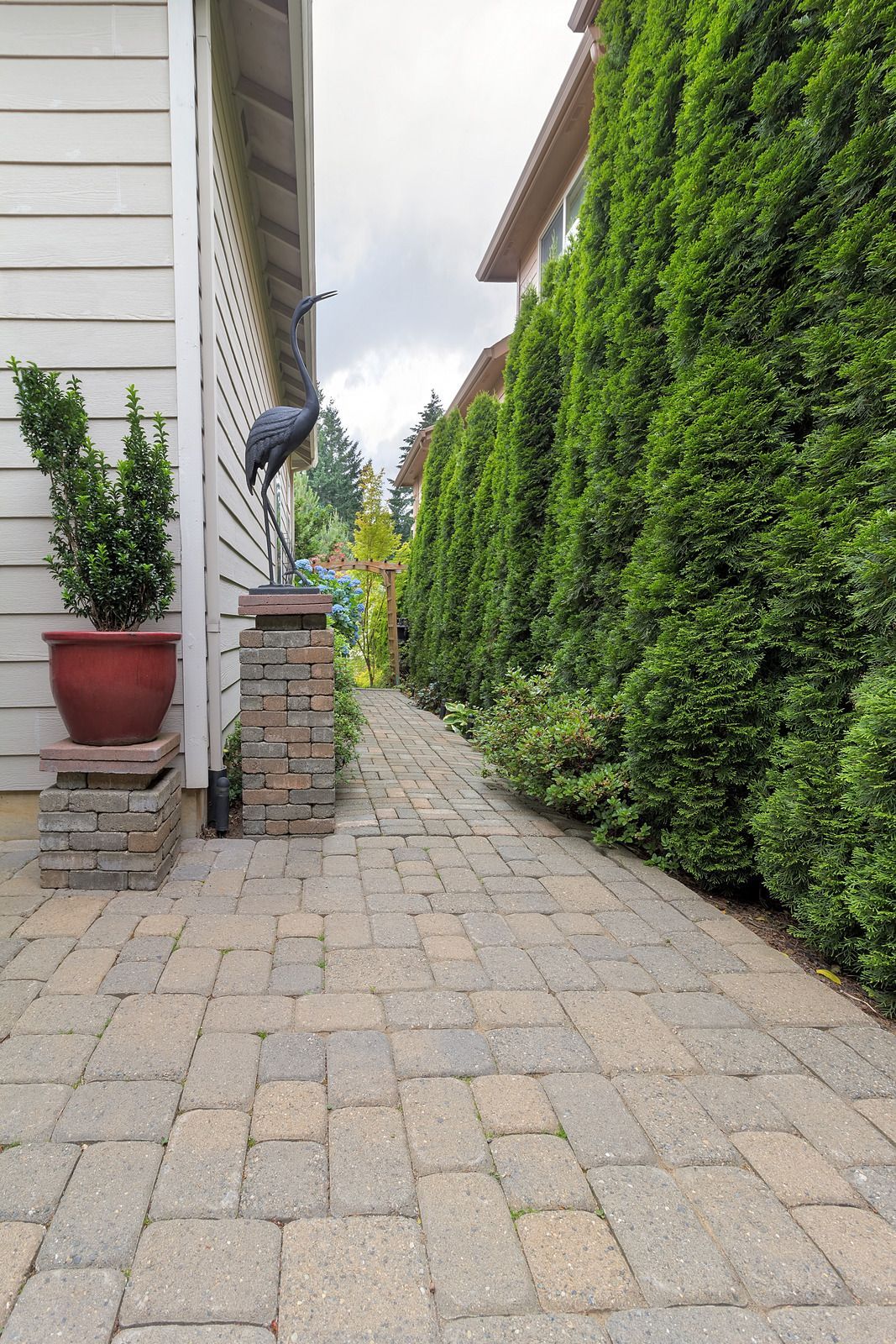 Stone path between a white house and tall green hedges, leading to a garden. A statue of a heron is on a pillar.