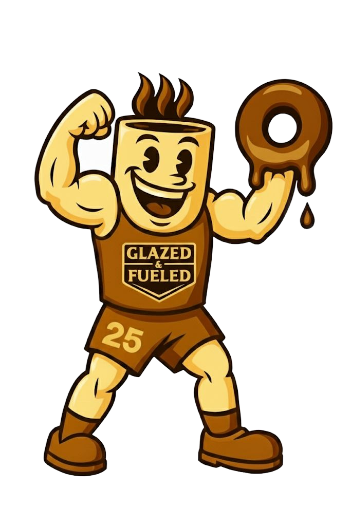 Three sugar-coated donuts with cinnamon sticks on a wooden surface.