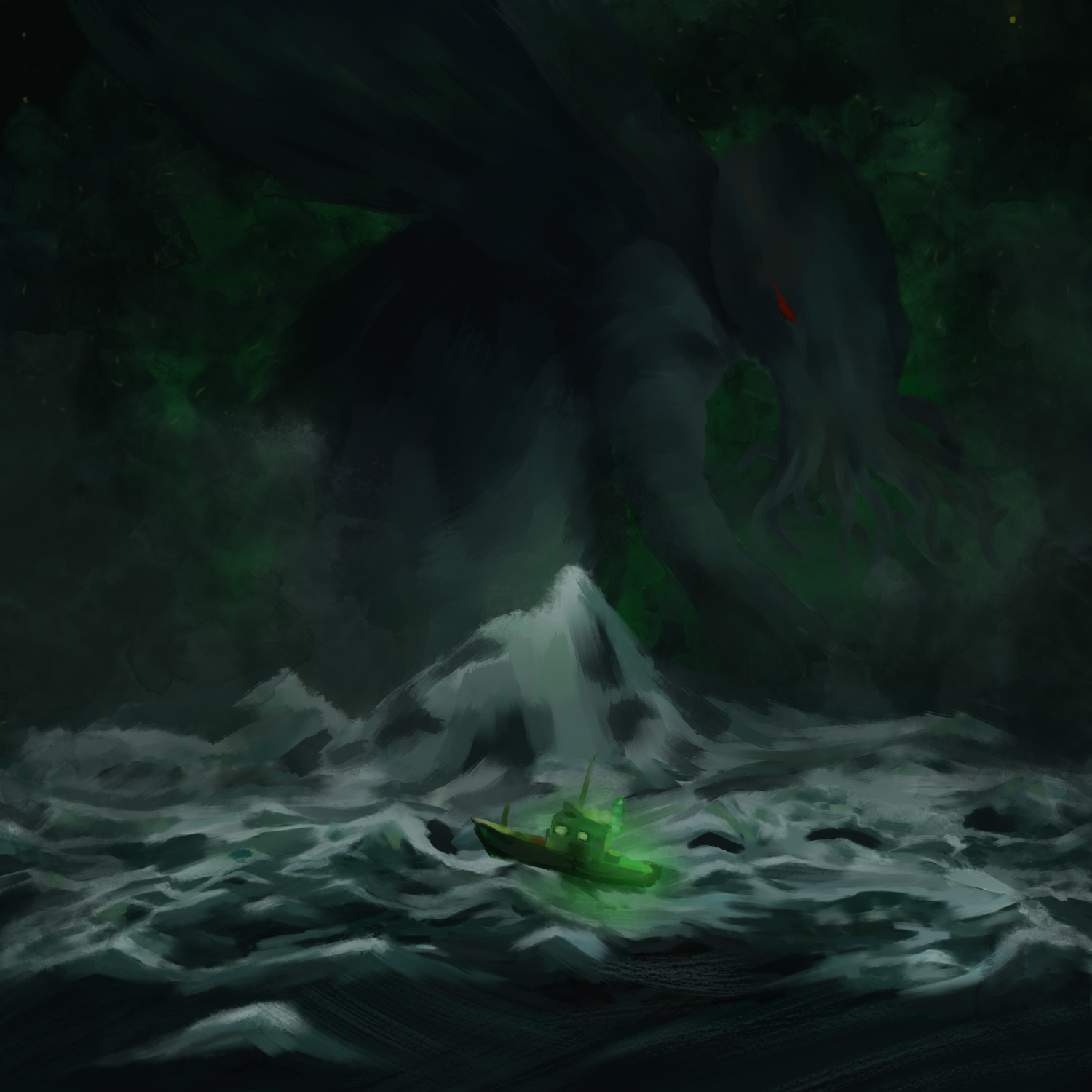 the great old one abstract purple and blue octopus creature overlooking man in a row boat 