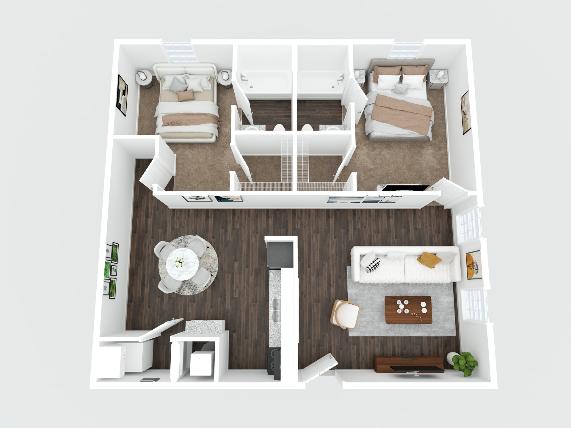 A 3d floor plan of a house with two bedrooms and a living room.