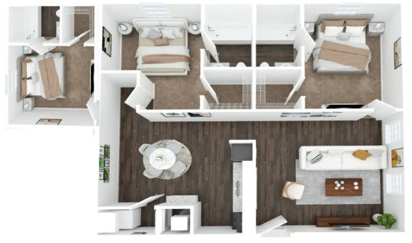 A 3d floor plan of a house with three bedrooms and a living room.