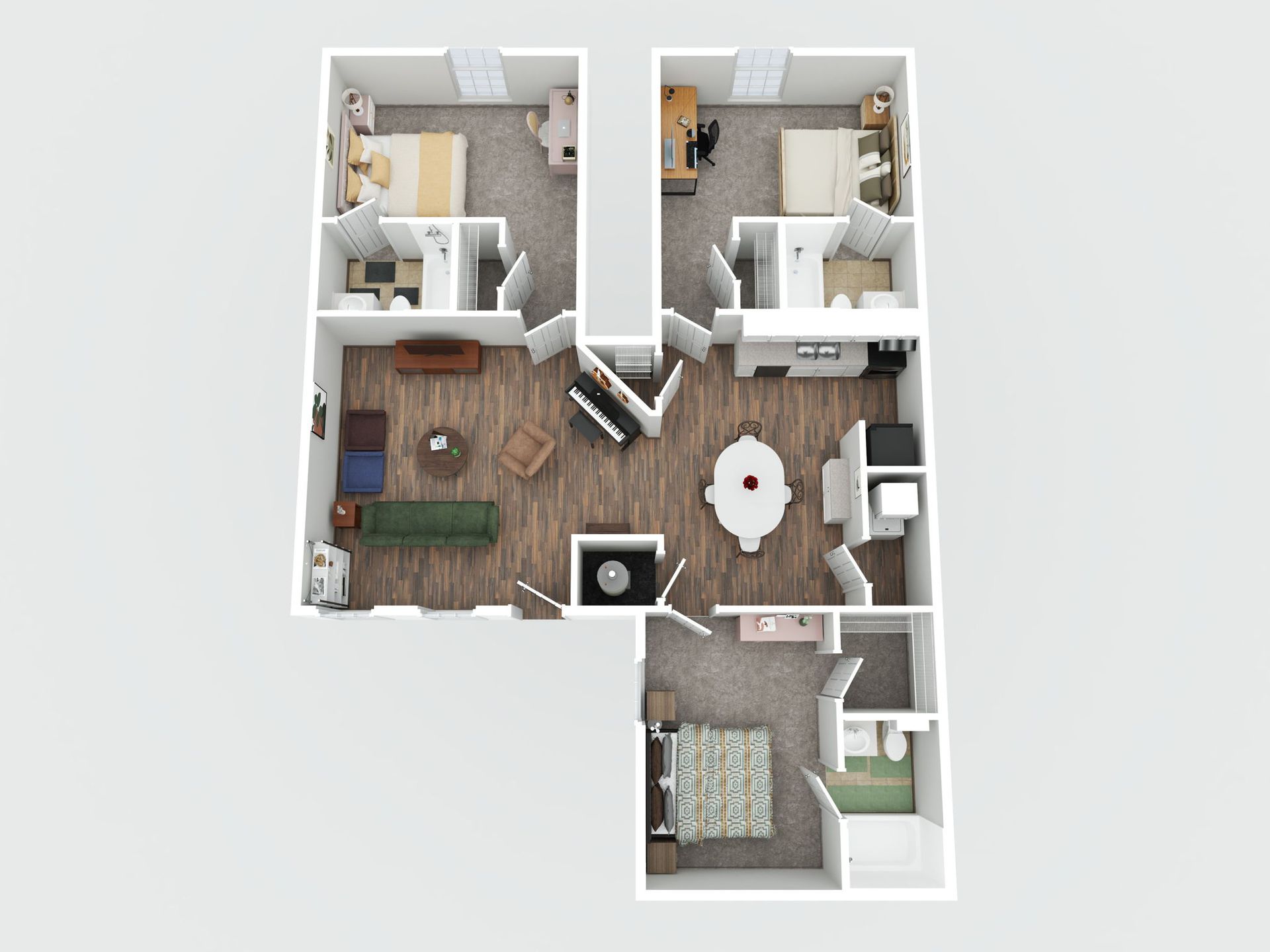 A 3d floor plan of a small apartment with a bedroom , living room , and bathroom.