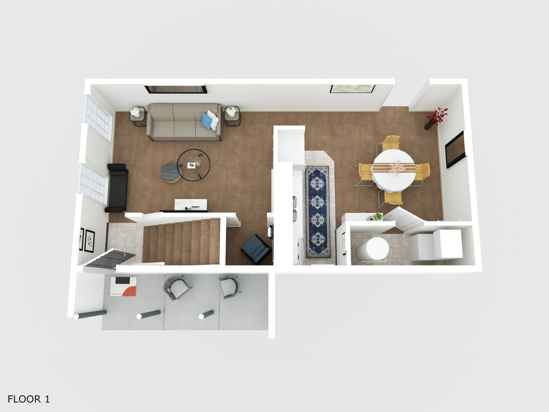 A 3d floor plan of a house with a living room , dining room , and kitchen.