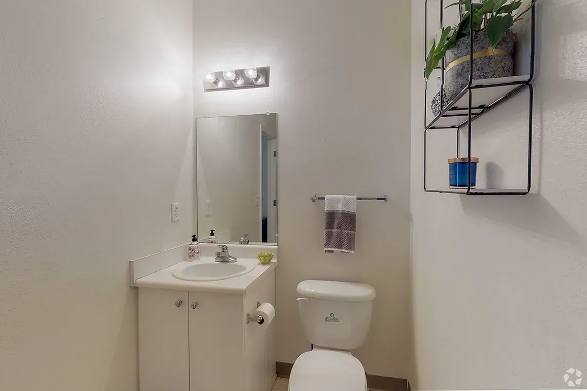 a bathroom with a toilet , sink and mirror .
