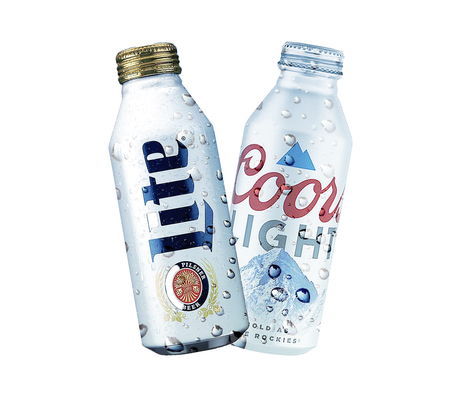 Two bottles of coors light and miller lite are sitting next to each other on a white background.