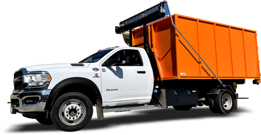 A white truck with an orange dumpster attached to it.