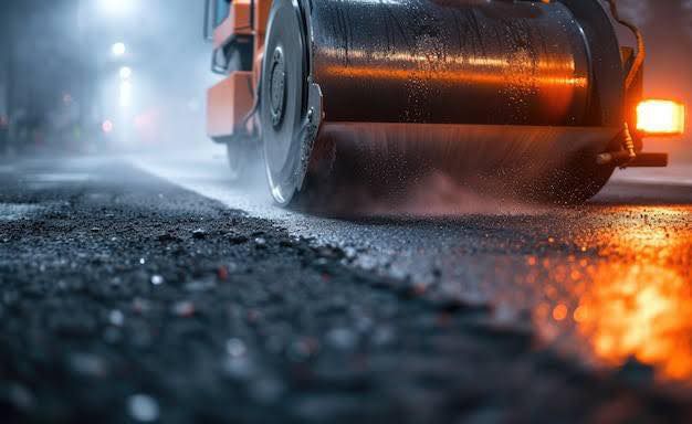A Roller is Rolling Asphalt on a Wet Road at Night — North Coast Asphalts in Corindi Beach, NSW