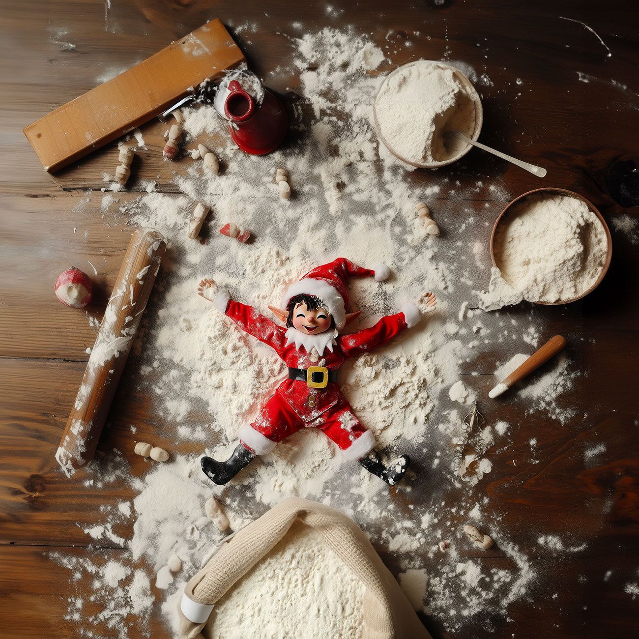 Un elfe en peluche est allongé sur un tas de farine