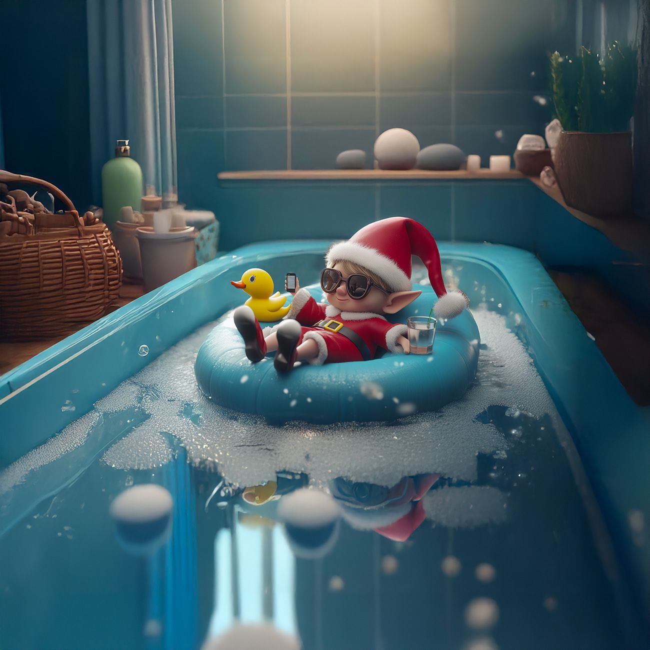 Un lutin farceur sirote un verre dans une bouée dans une baignoire