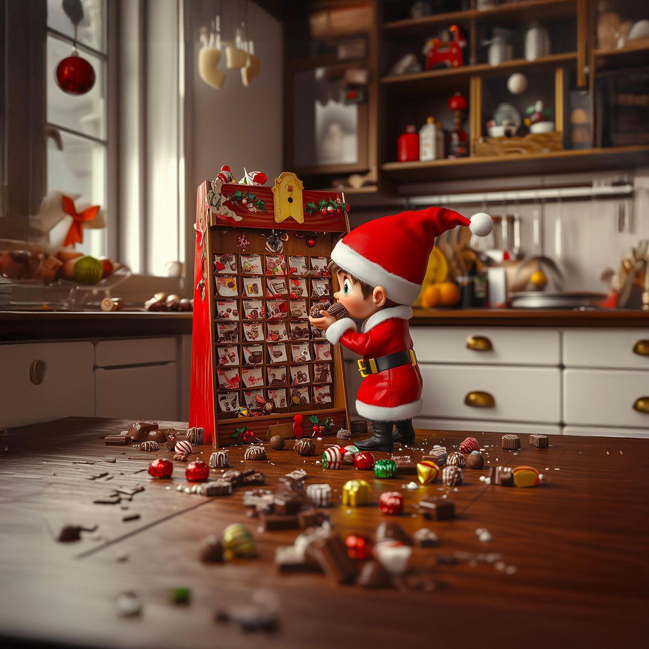 Un petit garçon avec un chapeau de Père Noël regarde un calendrier de l'Avent