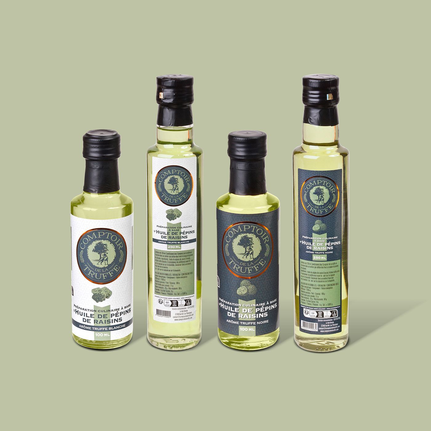 Bouteilles d'huile de pépin de raisin arôme truffe noire et blanche Comptoir de la truffe et du champignon