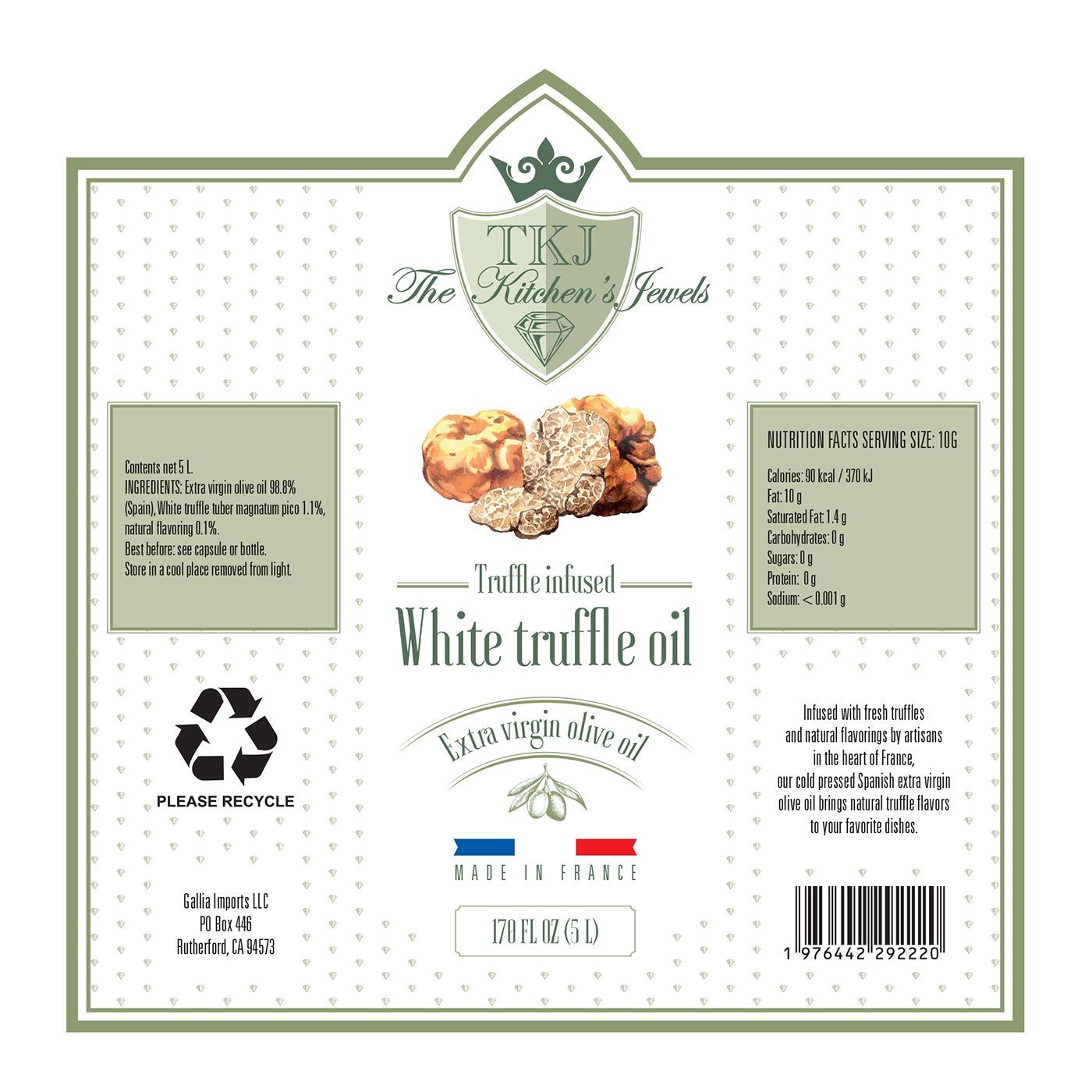 Boite 48 escargots fermiers surgelés au beurre d'ail de l'Atelier de l'escargot Français Etiquette bouteille TKJ the kitchen's Jewels huile d'olive à la truffe blanche