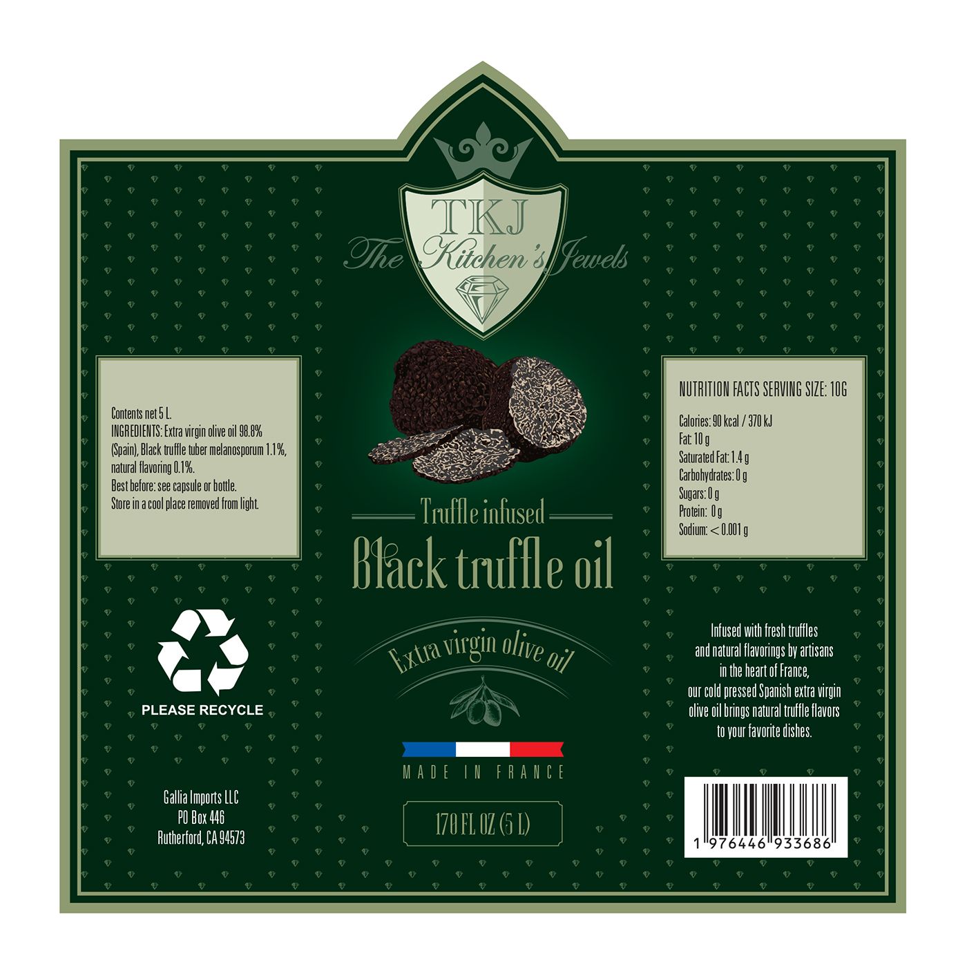 Boite 48 escargots fermiers surgelés au beurre d'ail de l'Atelier de l'escargot Français Etiquette bouteille TKJ the kitchen's Jewels huile d'olive à la truffe noire