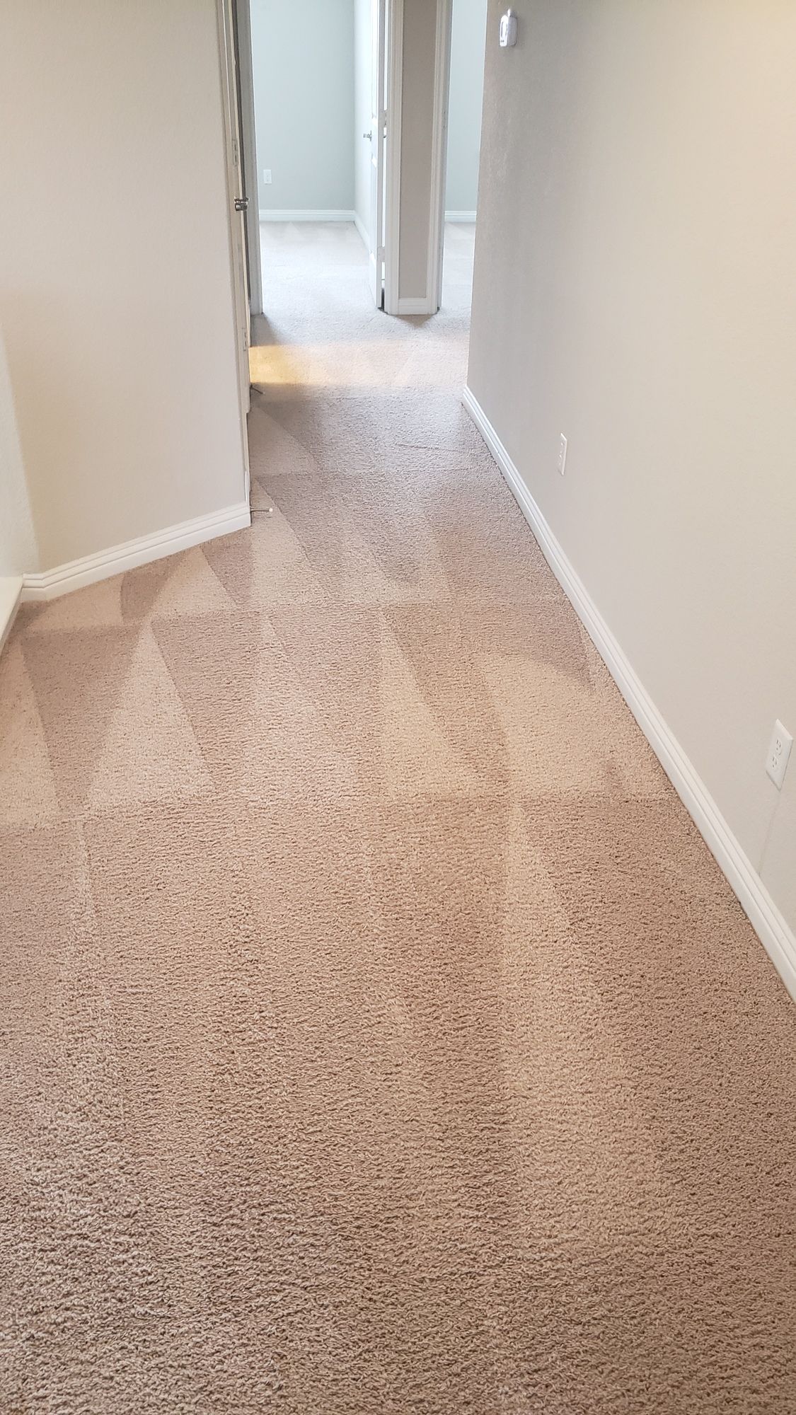 A hallway with a carpeted floor in a house.