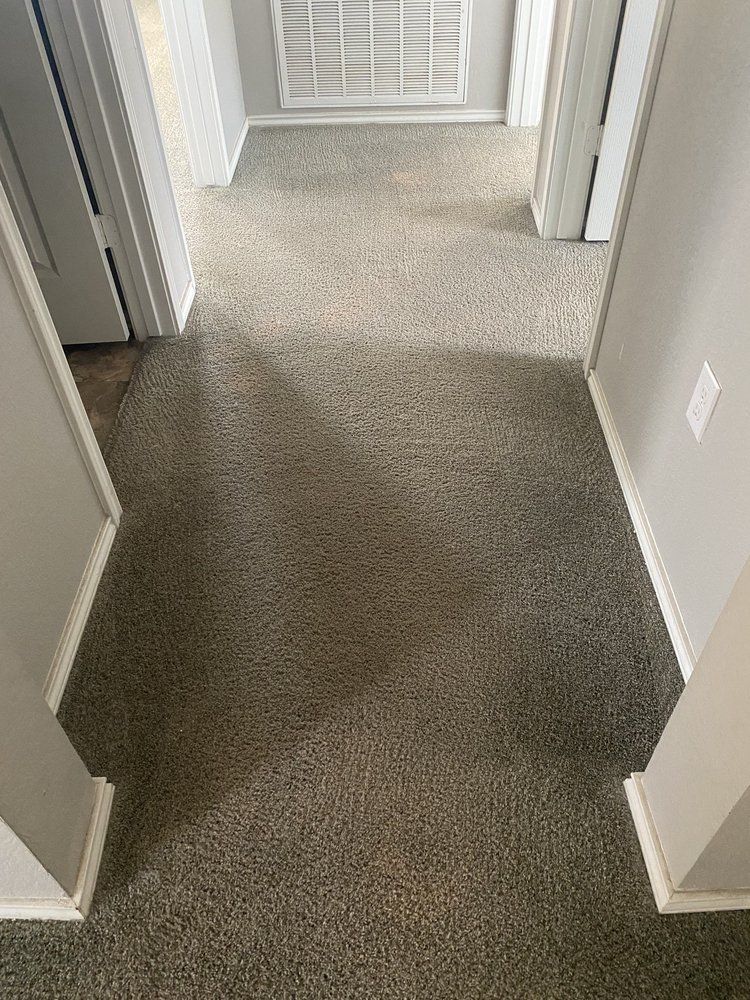 A hallway with a carpeted floor between two rooms in a house.