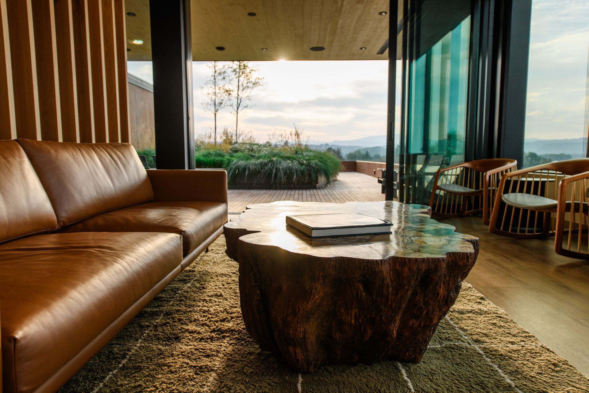 Leather sofa in a modern room, with a tree trunk coffee table, open doors to an outdoor patio with plants.