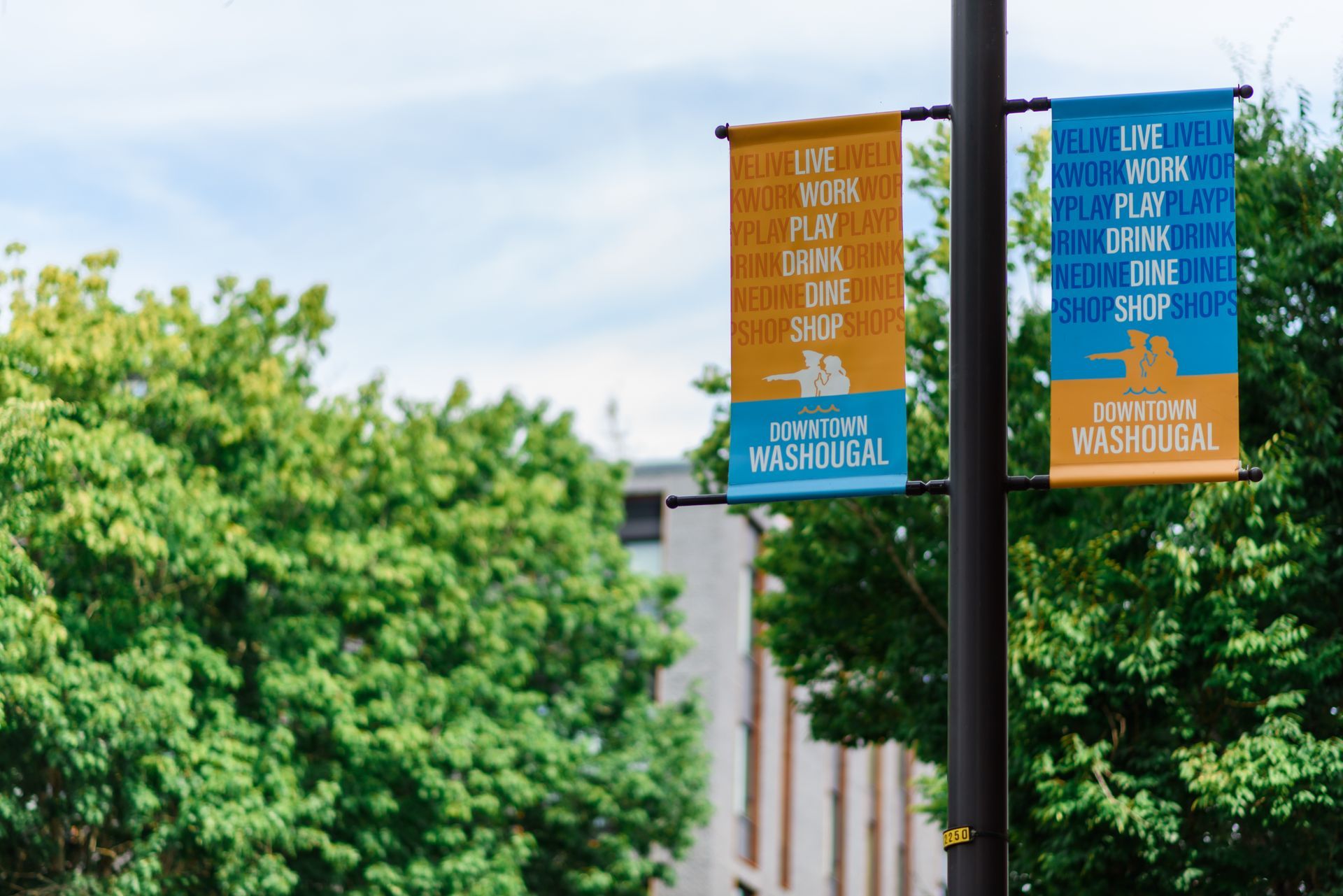 Two colorful banners on a light pole: 