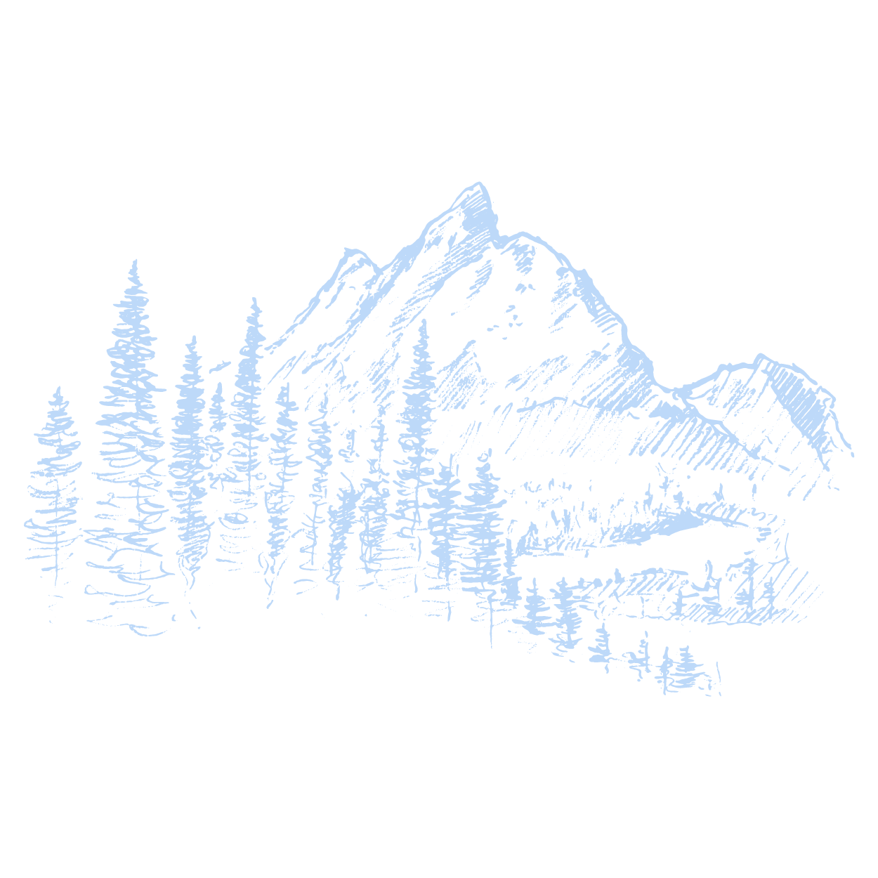 Light blue sketch of mountains and pine trees.