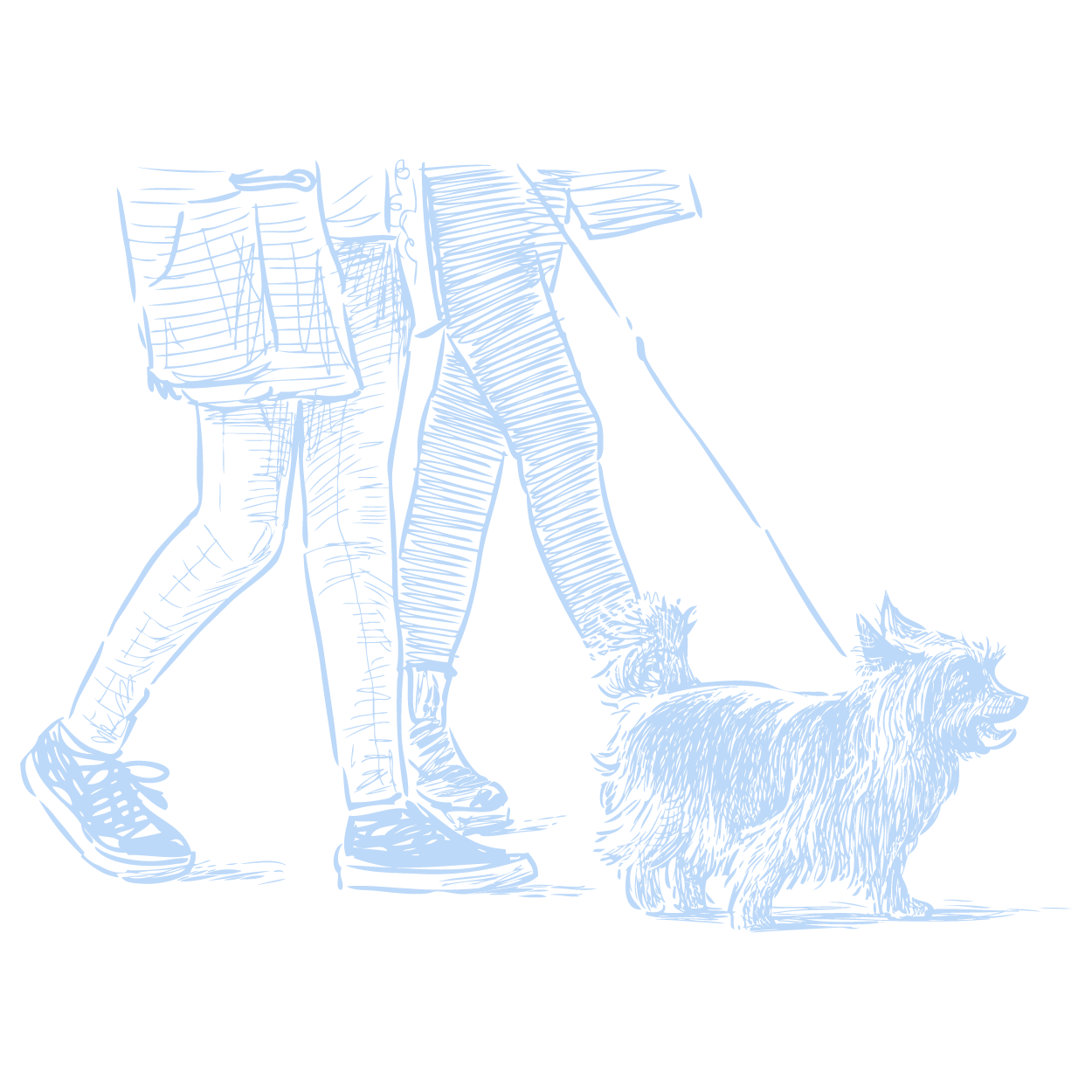 Two people walking a small dog on a leash; light blue sketched illustration.