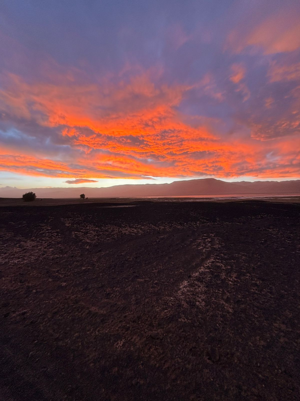 Atardecer naranja vibrante sobre un paisaje oscuro y árido con un horizonte brumoso.