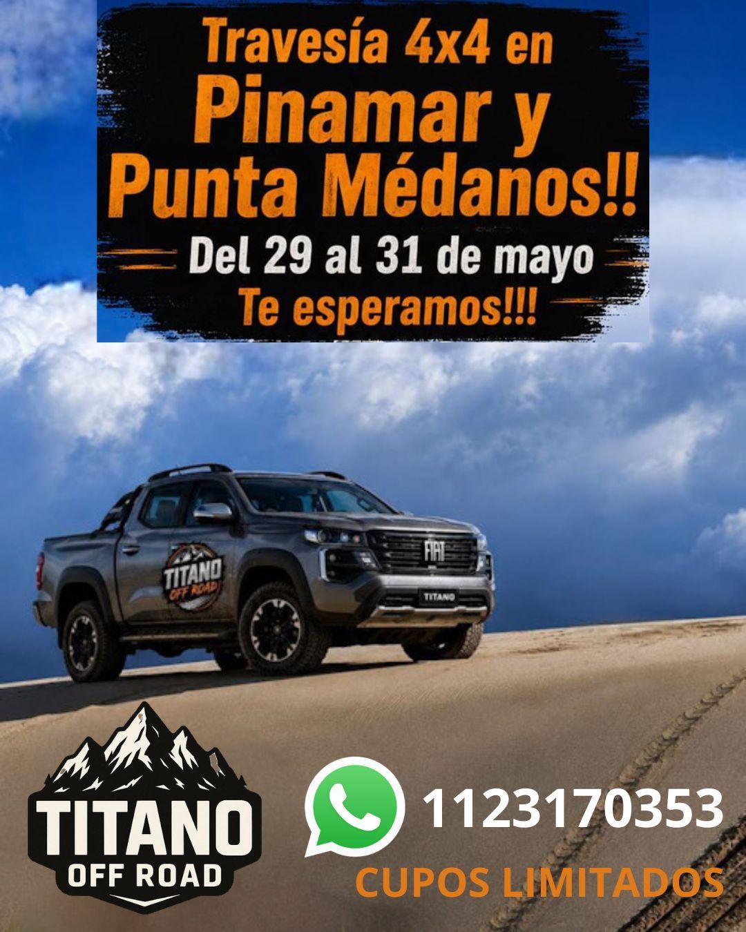 Una camioneta negra en las dunas con un texto que anuncia un viaje en 4x4 en Pinamar y Punta Médanos.