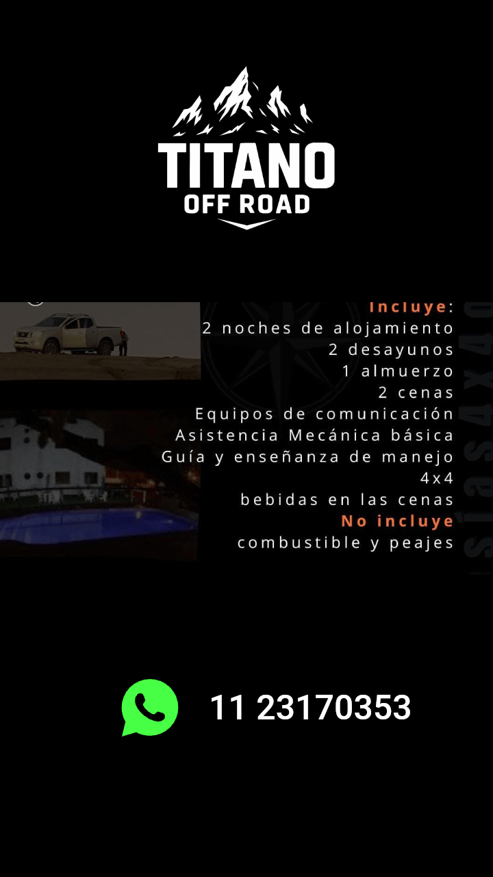 Anuncio oscuro con una camioneta y fotos de la casa, que enumera las inclusiones y exclusiones del tour 