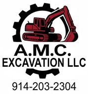 Logo for A.M.C. Excavation LLC featuring a red excavator over a black gear and the company name with a phone number.