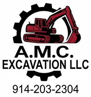 Logo for A.M.C. Excavation LLC featuring a red excavator over a black gear and the company name with a phone number.