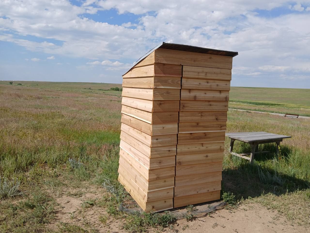 A wooden outdoor privy stands on a grassy, open plain under a cloudy sky, with a small wooden table nearby.