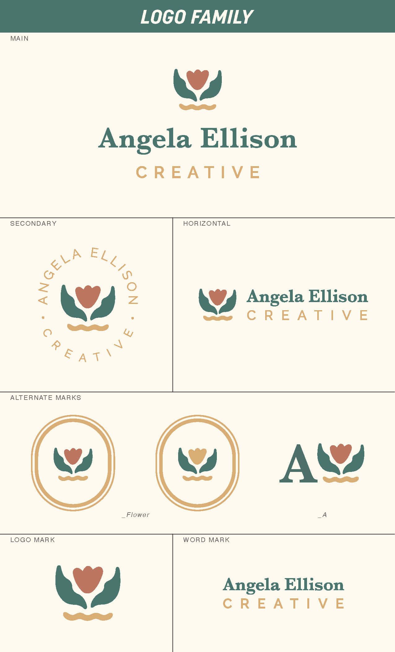 Logo family created for Angela Ellison Creative rebrand, 7 logo variations total.