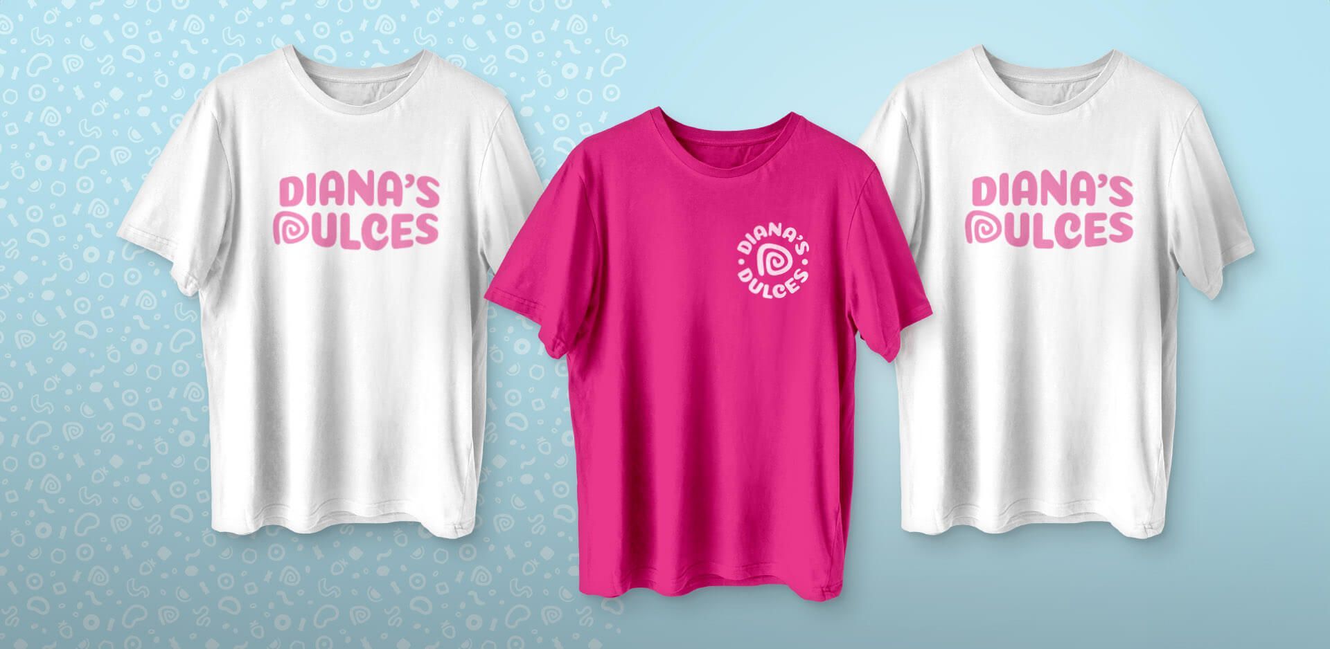 T-shirt designs for Diana's Dulces, one all pink with secondary logo and the other two have the primary logo on a white shirt