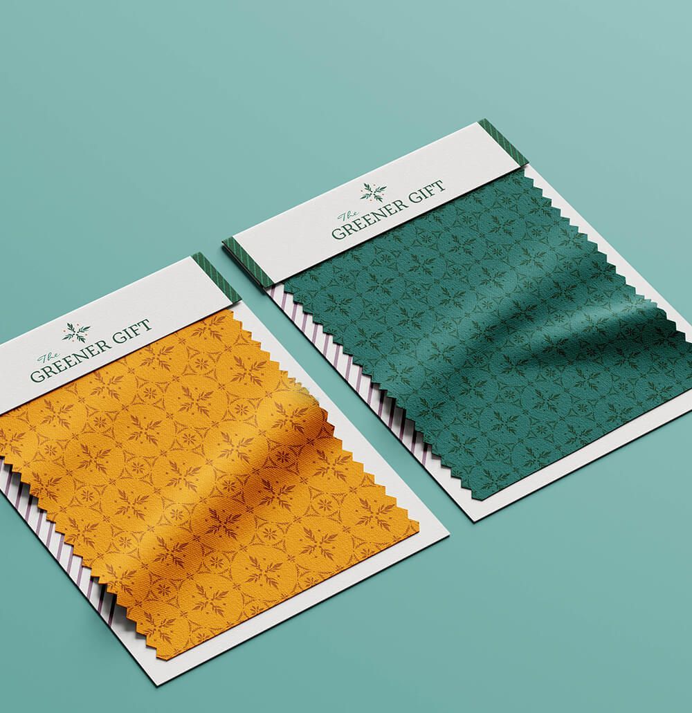 Fabric swatch samples with custom brand pattern for eco-friendly brand; creative illustration for custom brand pattern.