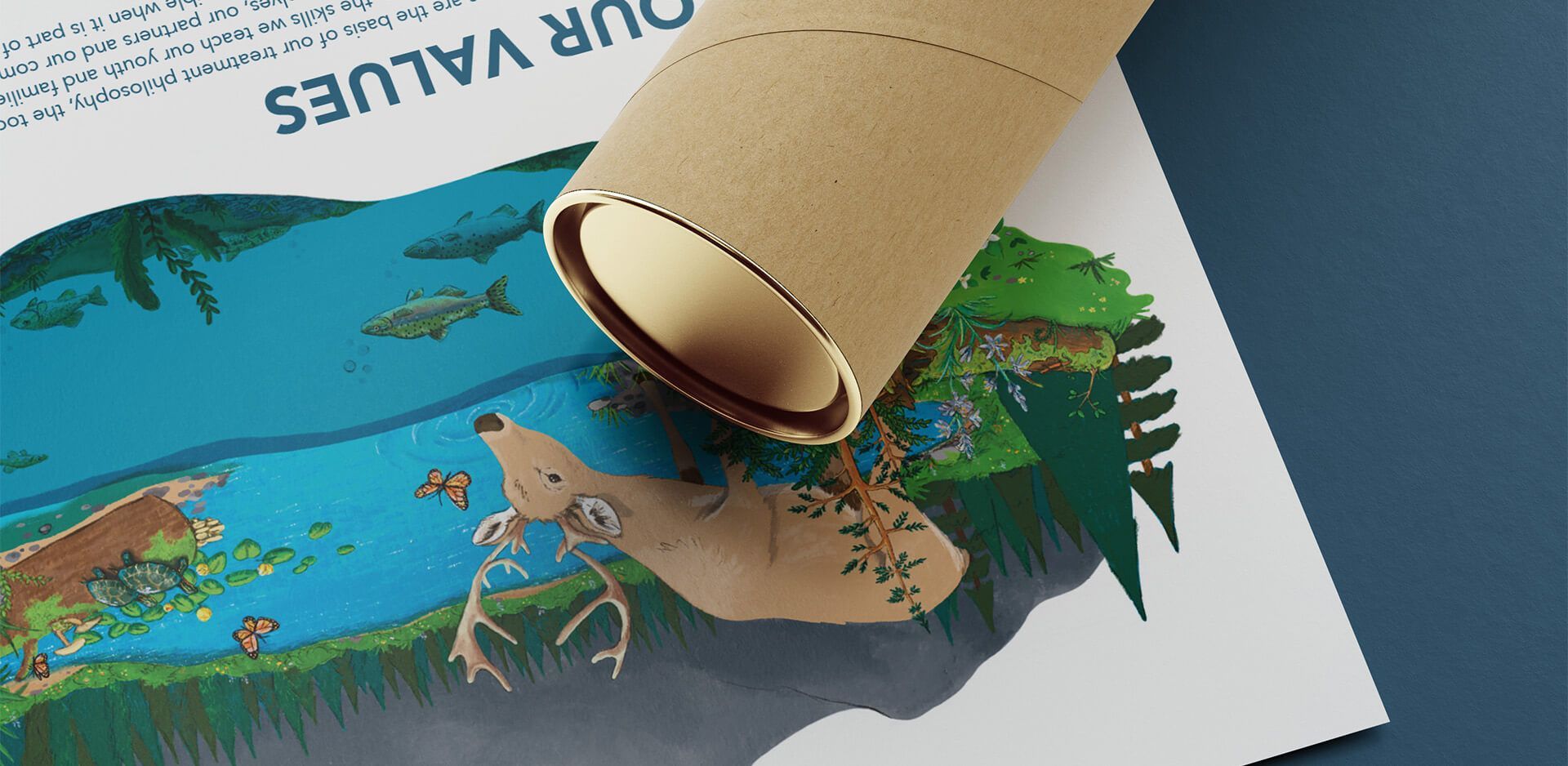 Overhead view of an illustrated poster created to display nonprofit core values. Cardboard poster tube angled on top.