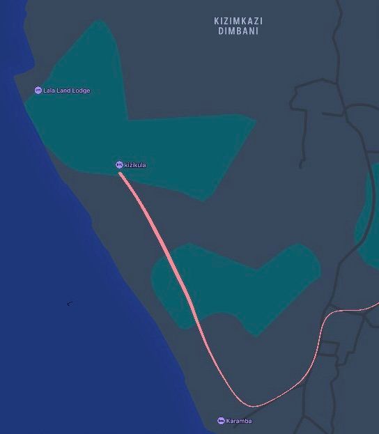 Map of Kizimkazi, Zanzibar, with a road connecting points along the coast and areas colored in teal.