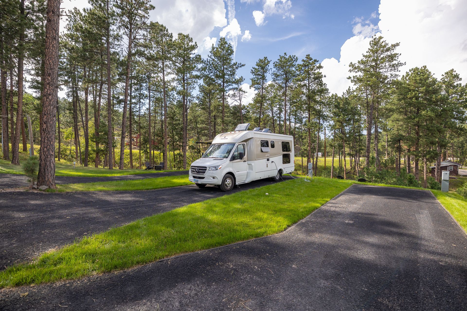 A white rv is parked in a grassy area in the middle of a forest.