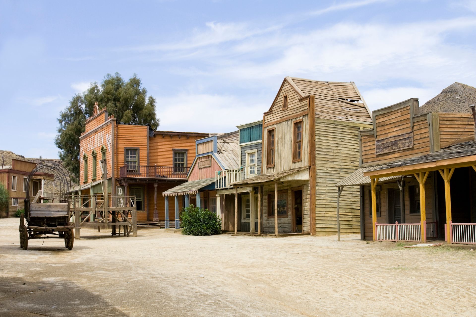 A row of old wooden buildings in a western town