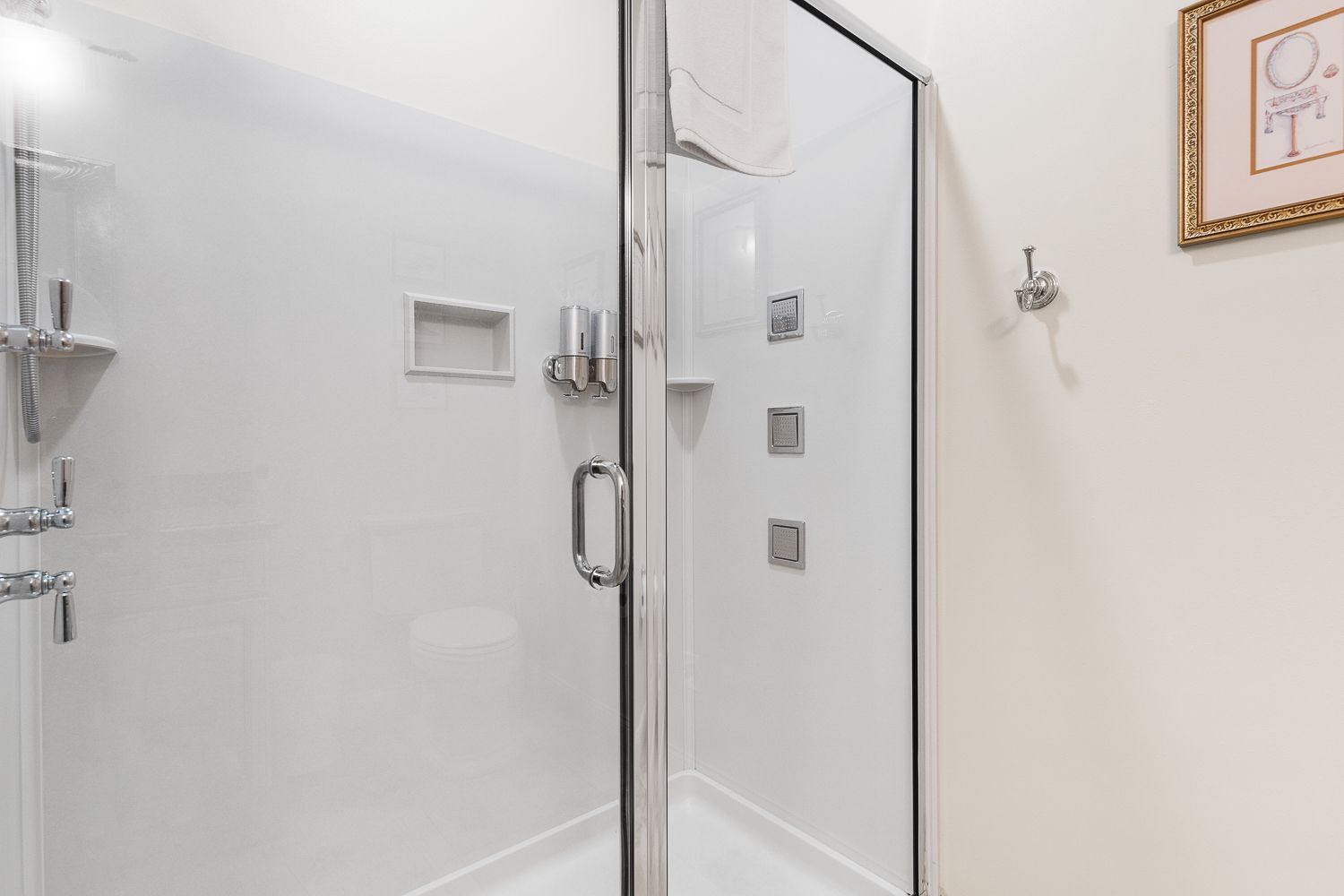 A bathroom with a walk in shower and a picture on the wall.