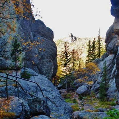 A staircase leading up to a rocky cliff in the woods
