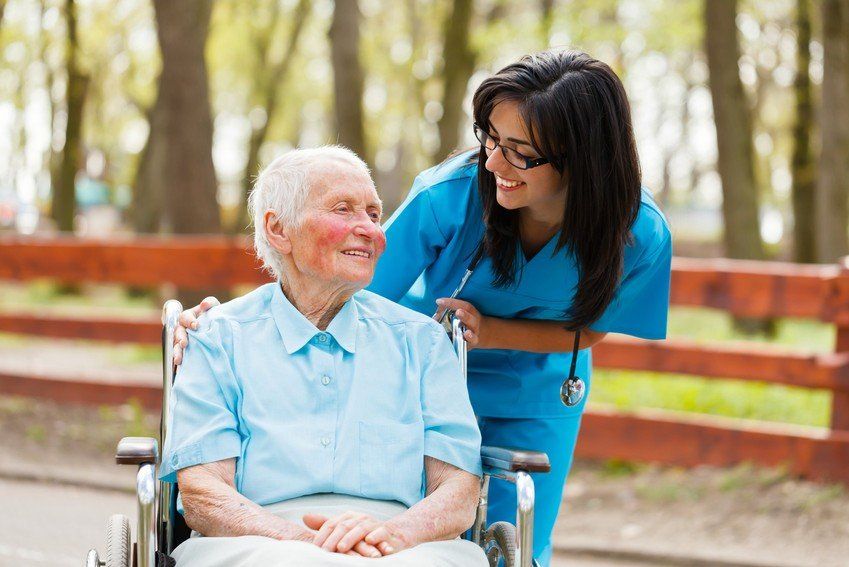 Nurse caring for elderly person in wheelchair