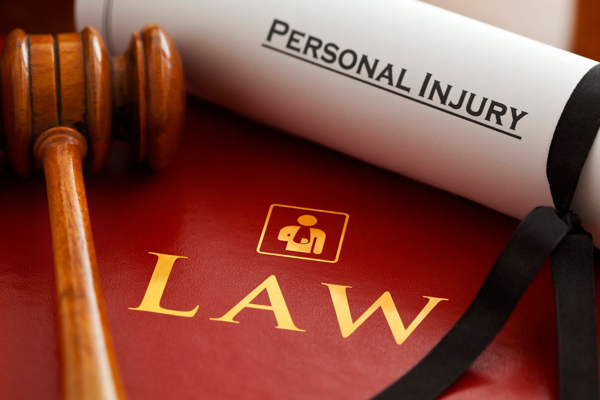 Image of a gavel, law book, and scroll labeled “Personal Injury.”