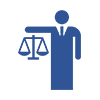 Blue silhouette of person holding scales of justice.