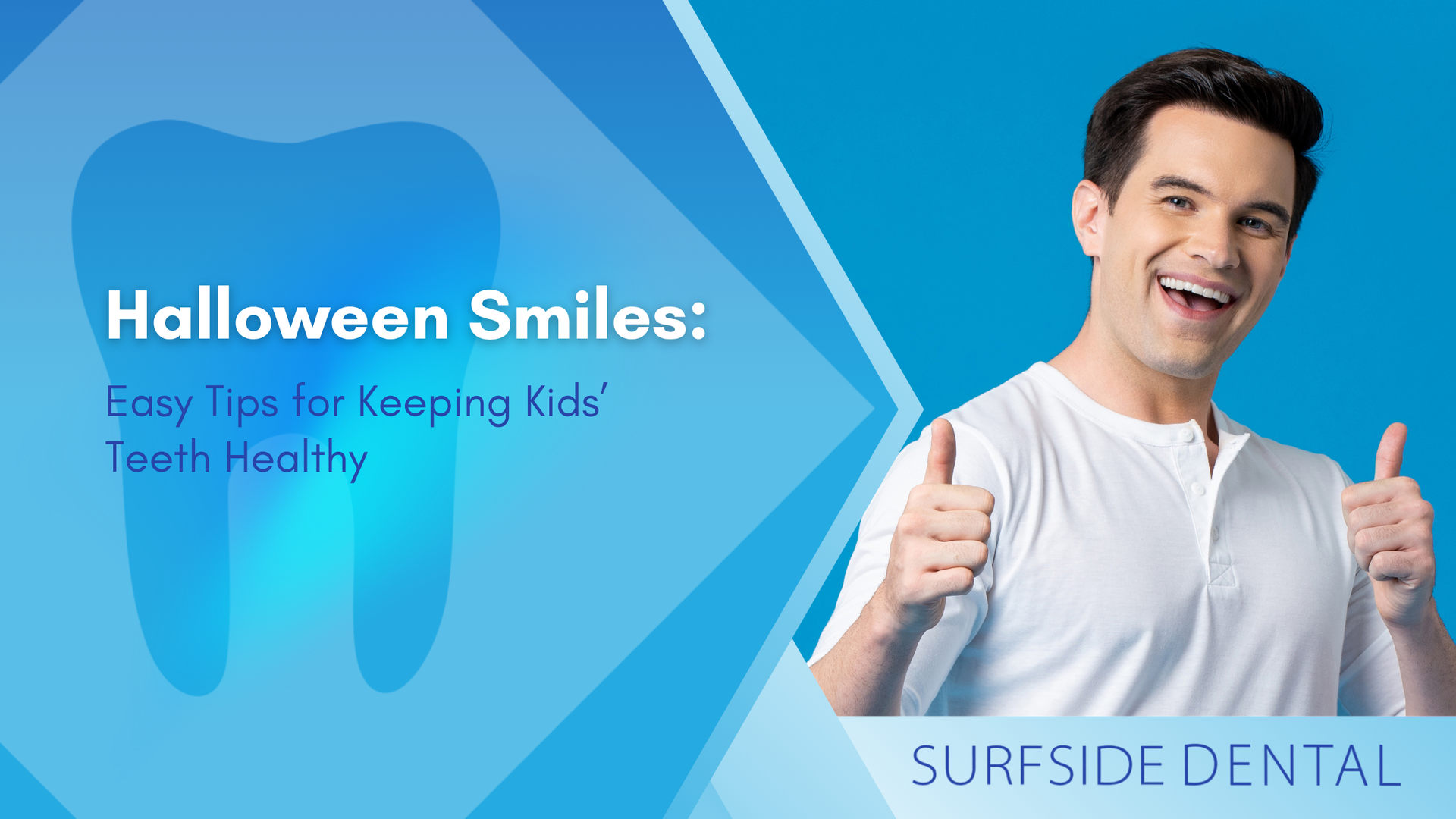 Man smiling, giving thumbs-up, promoting Halloween dental health tips. Blue background, text reads: 