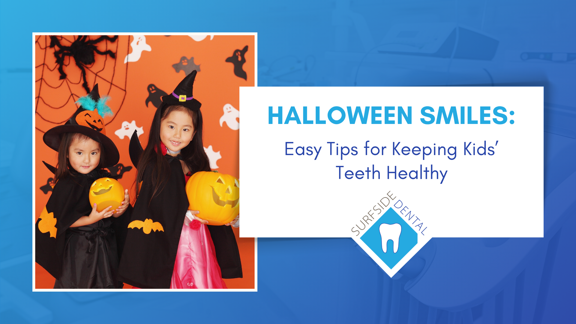 Two children in witch costumes holding pumpkins next to text 