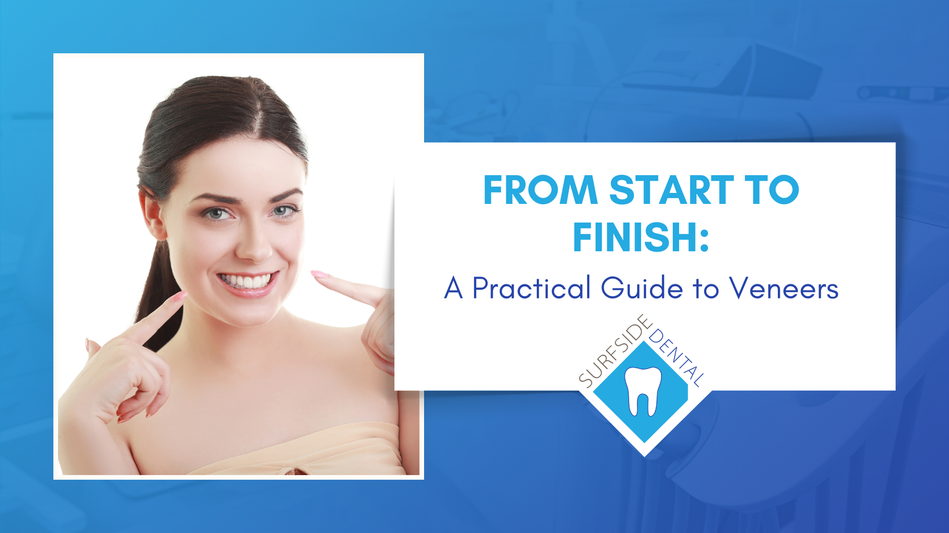 Woman pointing to her perfect smile next to text 