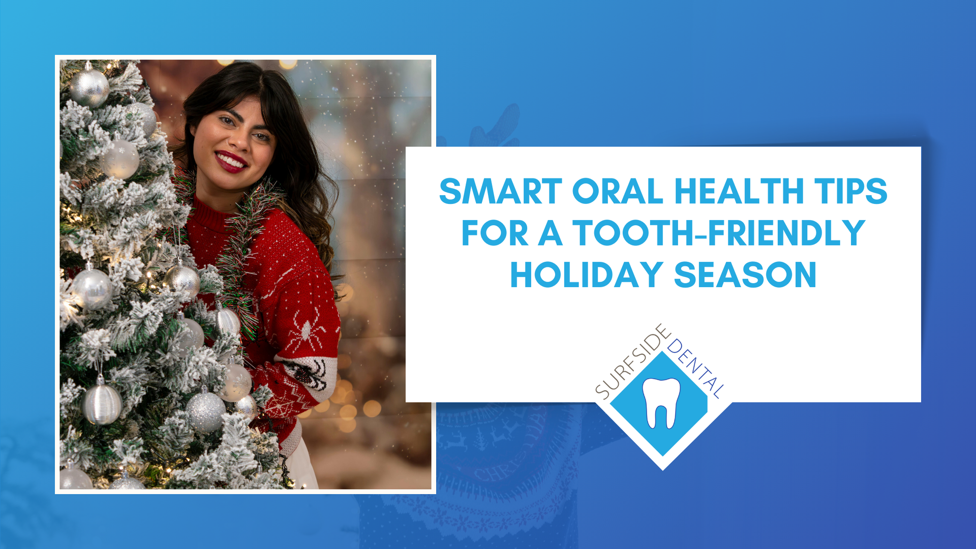 Woman smiles beside Christmas tree; text says