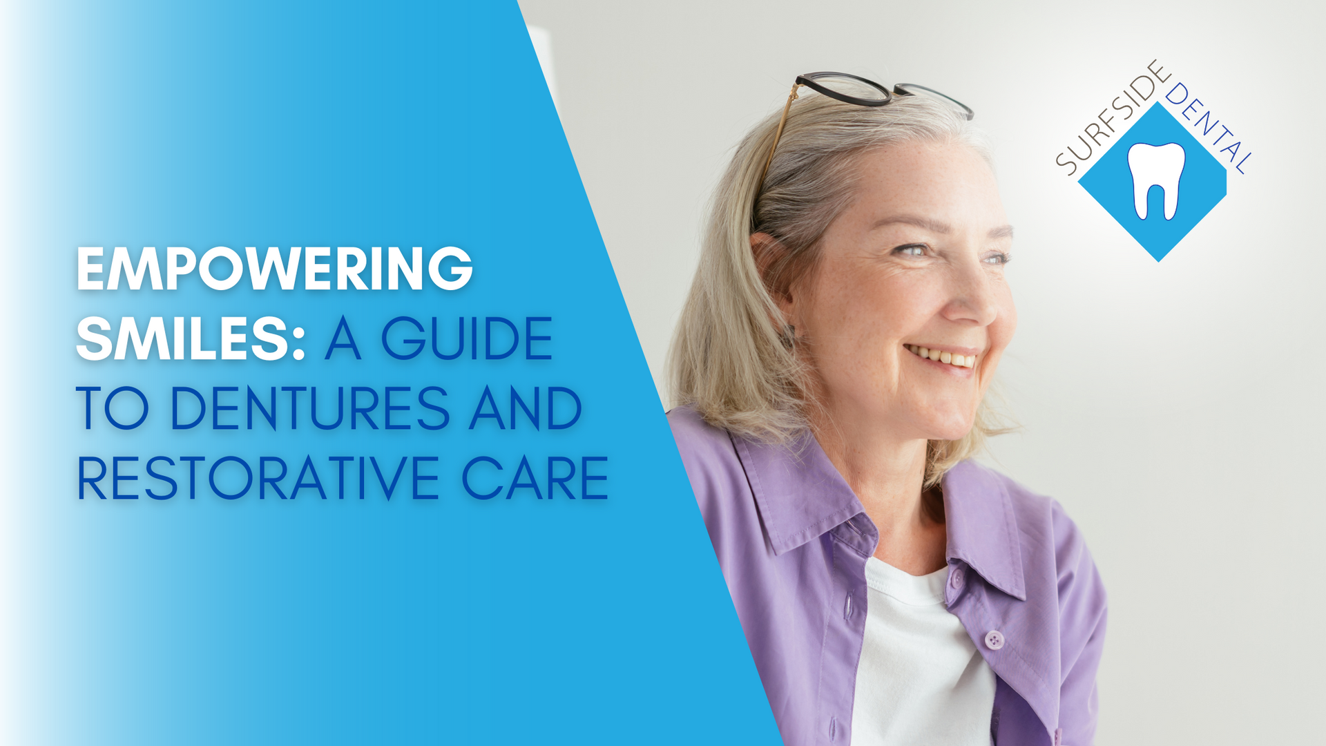 A woman in a purple shirt is smiling with a guide to dentures and restorative care.